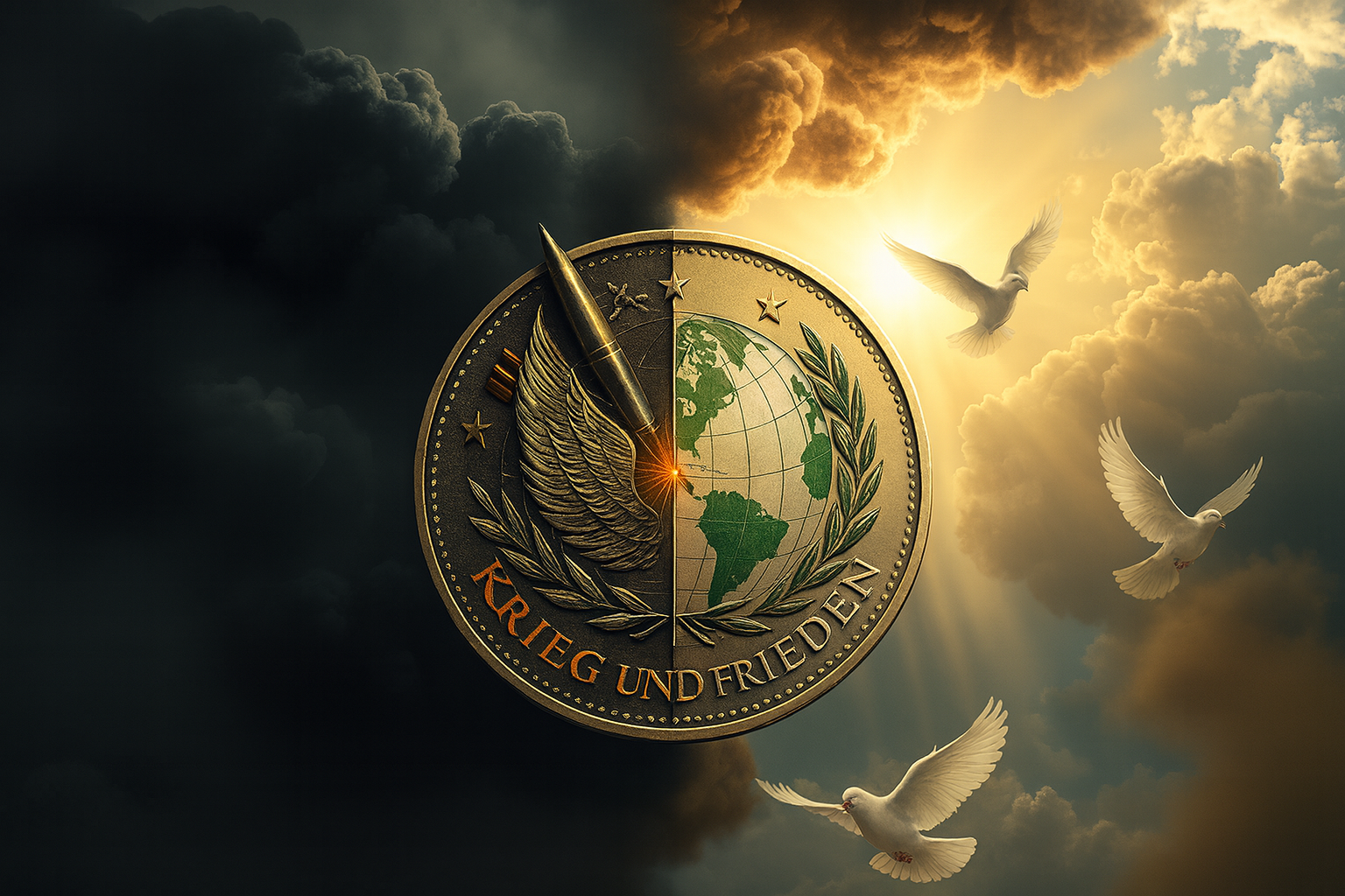 Symbolische Münze mit der Gravur „KRIEG UND FRIEDEN“, geteilt in Krieg und Frieden: links dunkle Wolken und Konfliktsymbole, rechts Sonnenlicht, Natur und Friedenstauben.
