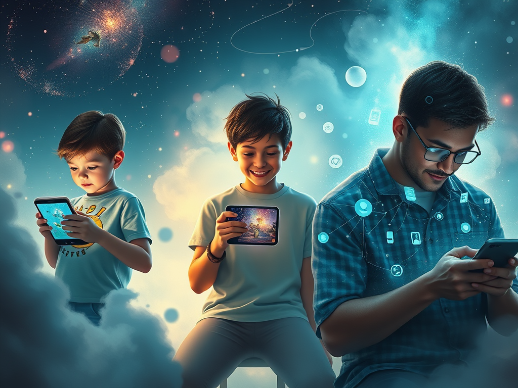 Three people from different age groups sit in a surreal digital world, each using a tablet or smartphone. The image illustrates the progression from early childhood media use to digital overload in adulthood. Drei Personen aus verschiedenen Altersstufen sitzen in einer surrealen digitalen Welt und nutzen Tablet oder Smartphone. Das Bild zeigt die Entwicklung von kindlicher Mediennutzung bis zur digitalen Überlastung im Erwachsenenalter.