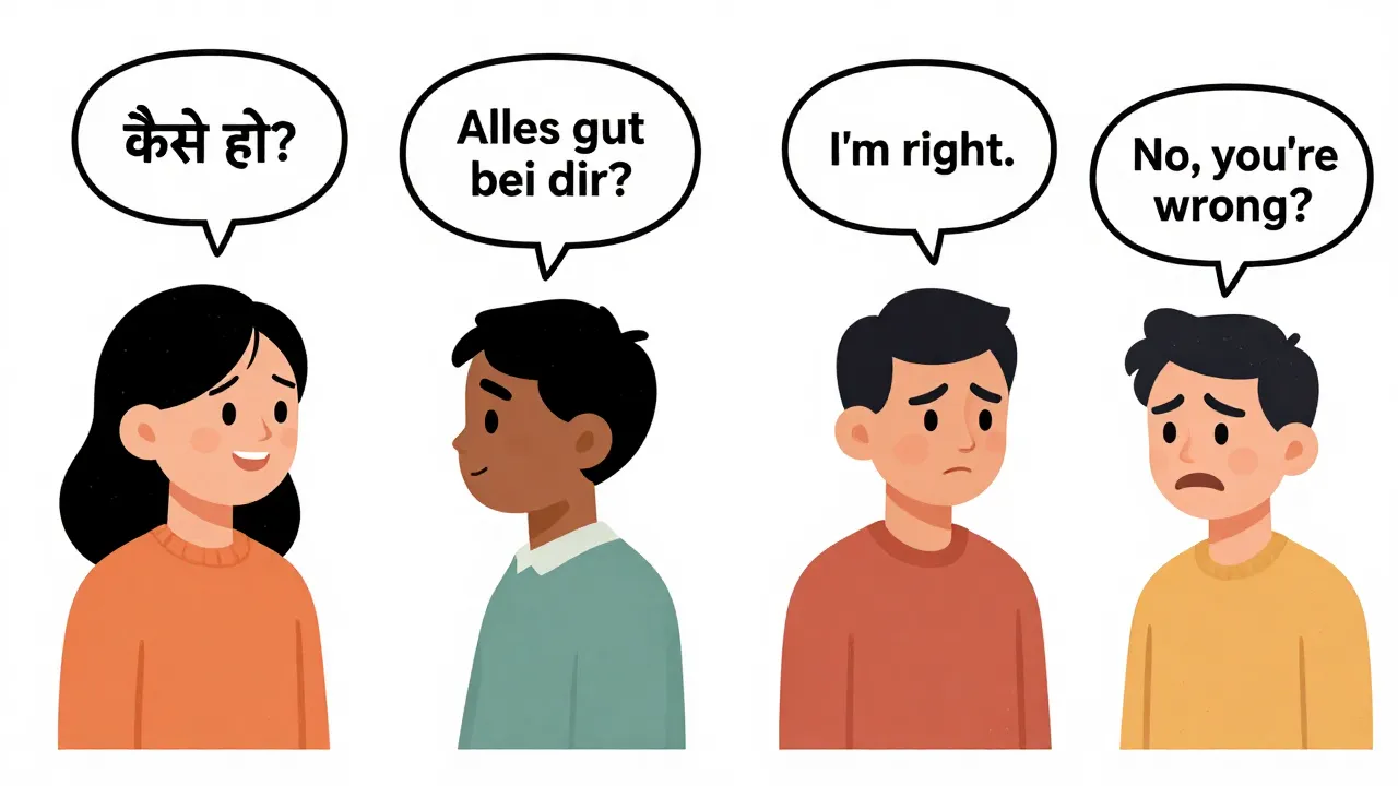Zwei Menschen verstehen sich trotz verschiedener Sprachen, während zwei Englischsprechende streiten.