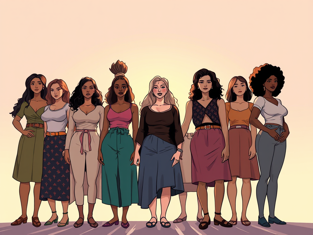 Illustration of diverse women standing together in a modern setting, representing unity and the theme of women’s day equality.