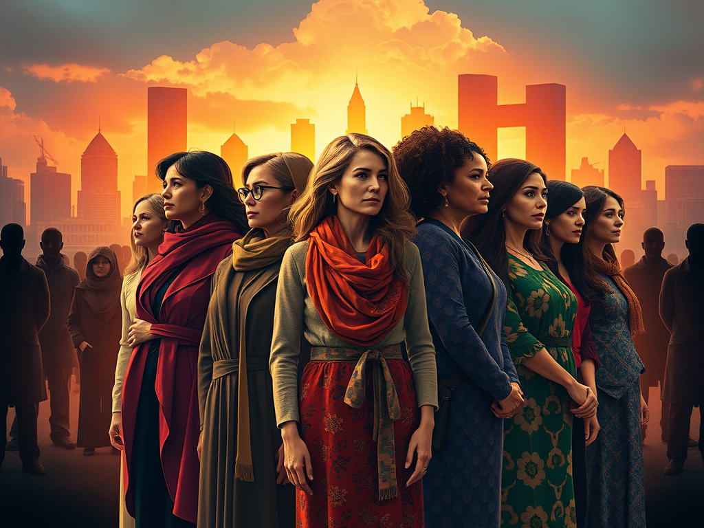 Illustration einer Gruppe diverser Frauen, die in solidarischer Haltung zusammenstehen; im Hintergrund ein abstrakter urbaner Raum, der gesellschaftliche Herausforderungen andeutet.