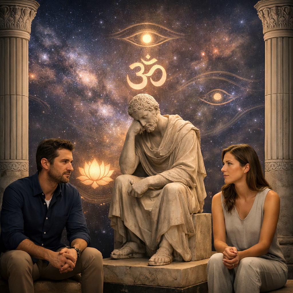 Modernes Paar in einem Indo‑Greek‑Museum mit einer antiken Philosophenstatue, kosmischem Hintergrund und subtilen vedischen Symbolen (Lotus, Om, drittes Auge).