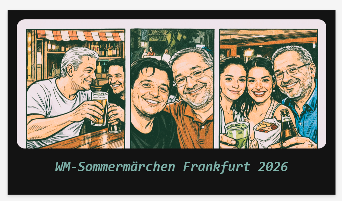 Dreiteilige Comic‑Collage mit Szenen aus Frankfurt: zwei Männer stoßen mit Bier an, zwei Freunde lächeln in die Kamera, und drei Personen genießen Drinks und Essen. Der Titel „WM‑Sommermärchen Frankfurt 2026“ steht darunter.