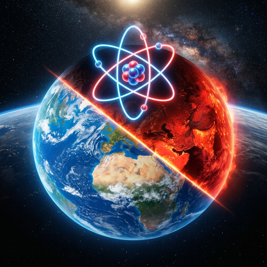 Earth split in half with one side showing natural colors and the other side glowing red with atomic symbol