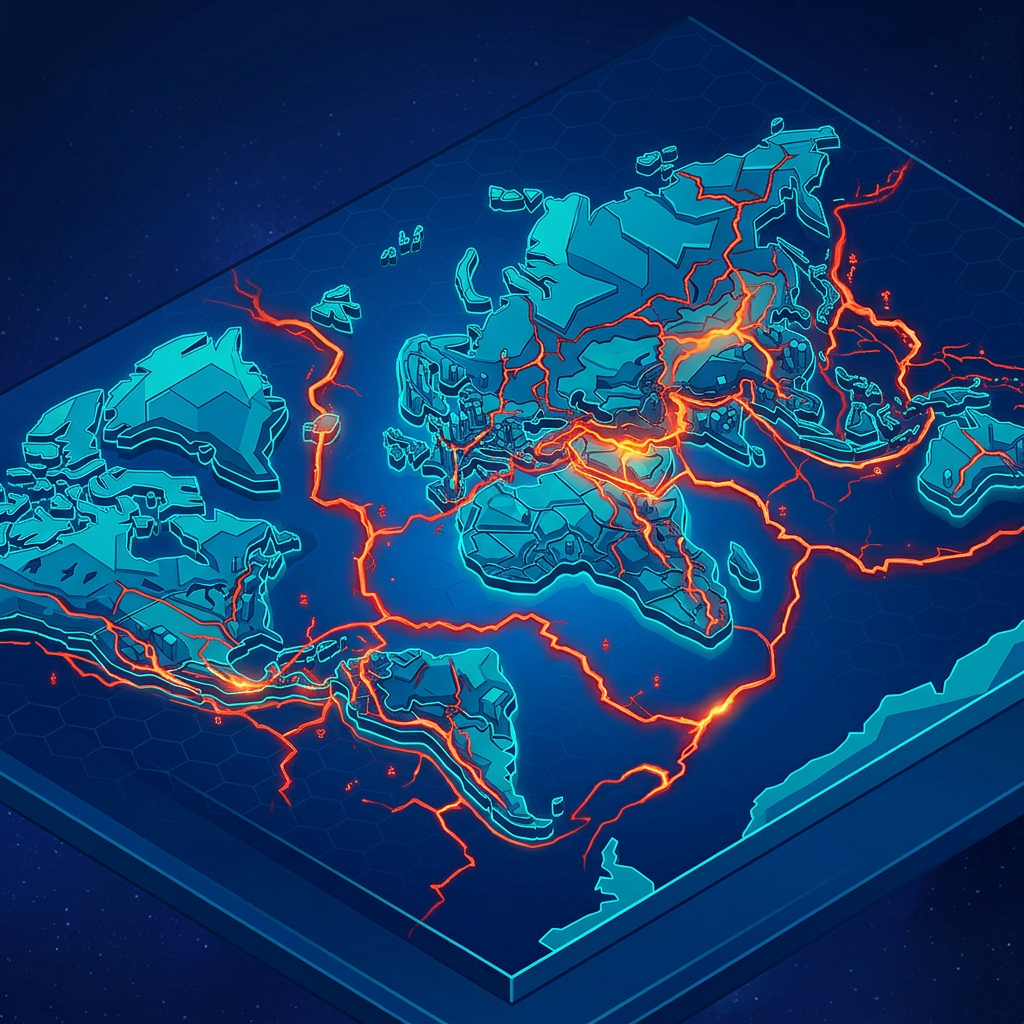 Map highlighting tectonic plate boundaries and fault lines with glowing red-orange magma pathways on a blue oceanic background