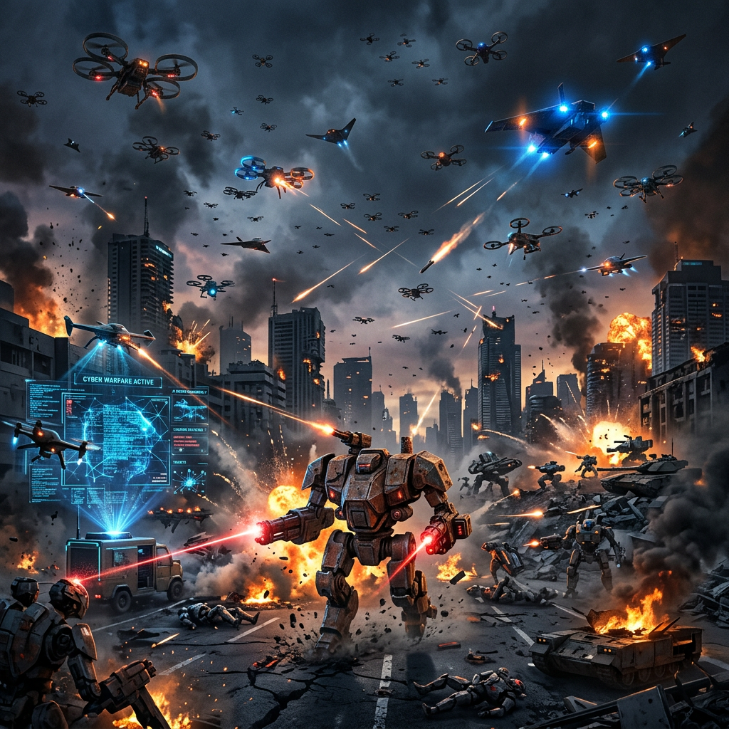 Robots and drones fighting in a city battle with explosions and laser fire.