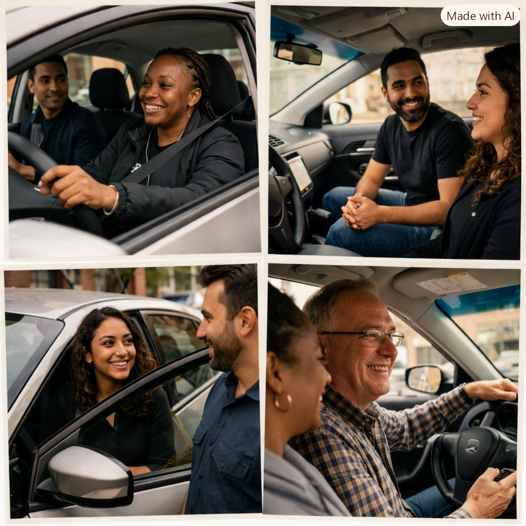 “Four different drivers and passengers engaged in conversation inside cars, symbolizing human connection and social diversity.